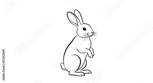 A simple black and white line drawing of a cute rabbit standing on its hind legs.