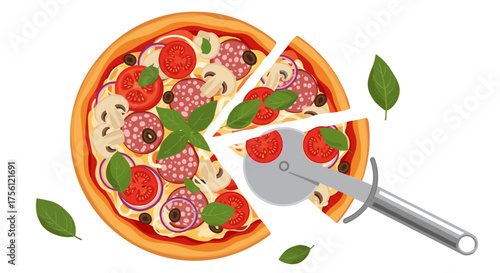 Delicious whole pepperoni pizza with fresh basil leaves being sliced for a delightful meal.