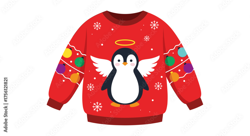 Obraz premium A cute red Christmas sweater with a playful penguin design wearing a halo and angelic wings complete with colorful Christmas lights and snowflakes.
