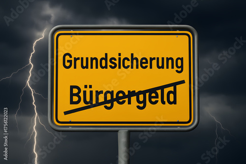 Ortsschild Grundsicher und Bürgergeld durchgestrichen mit dunklen Wolken Gewitter und Blitz als Symbol generative AI