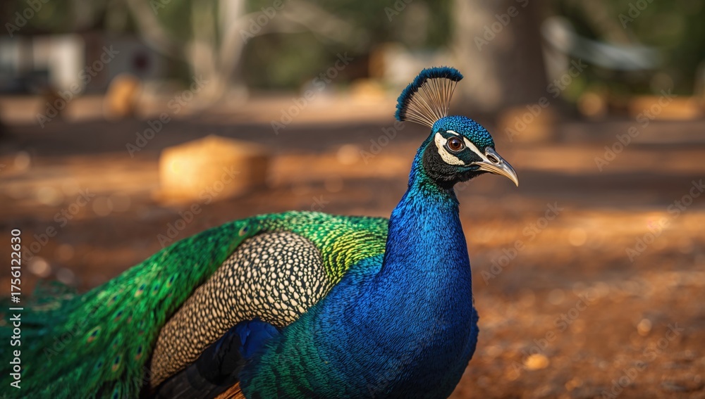 Obraz premium Close-up of a peacock near a campsite in a rural area