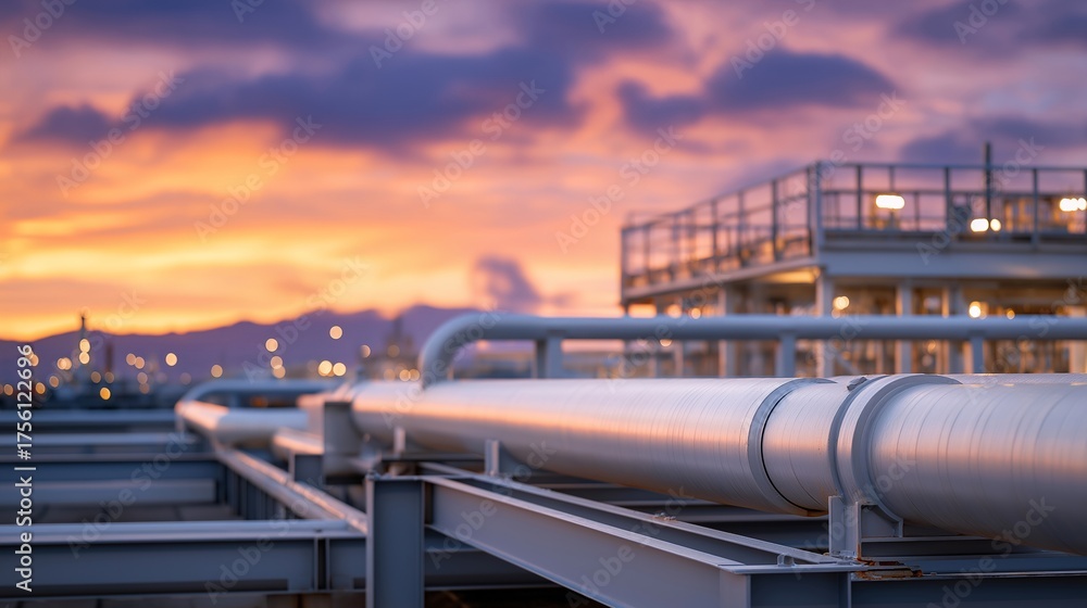 Naklejka premium Large industrial pipe cleaners operating in oil refineries symbolize essential infrastructure upkeep, industrial sanitation, heavy machinery maintenance, and the critical role of cleaning pipelines