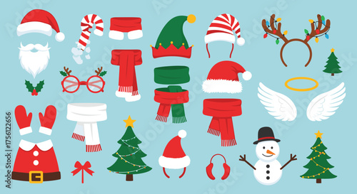 A festive collection of holiday costume accessories and decorations for a merry winter celebration.