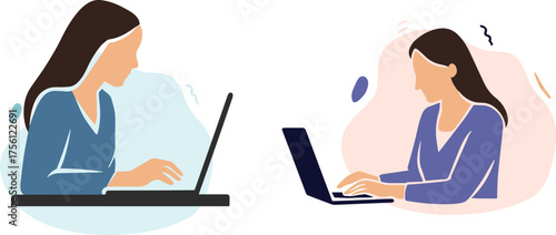 Women Working on Laptops Remote Work Flat Illustration.
