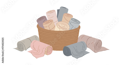 A collection of colorful rolled textiles neatly arranged in a woven basket with more fabric rolls scattered around the basket.