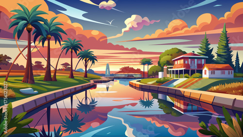 Very beautiful panorama of canals in Gulf Shores State Park, Alabama, USA, showing calm water reflecting the sky, surrounded by lush greenery and serene natural coastal scenery.