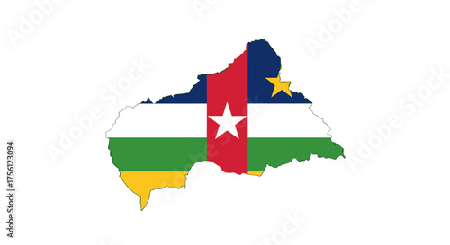 A stylized outline map of the Central African Republic showcasing its national flag embedded within its borders.