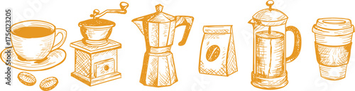 Vintage Coffee Brewing Equipment Sketch Set