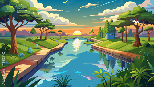 Very beautiful panorama of canals in Gulf Shores State Park, Alabama, USA, showing calm water reflecting the sky, surrounded by lush greenery and serene natural coastal scenery.