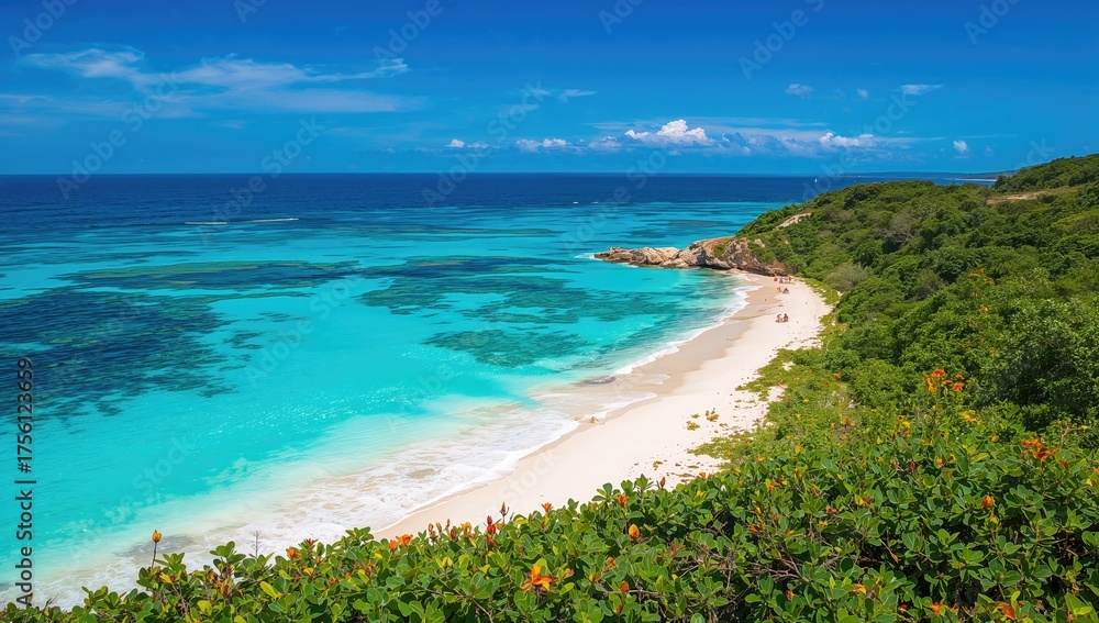 Fototapeta premium Stunning scenic vista showcasing a mesmerizing shoreline where snowy sands blend into the clear azure waters, perfect for summer vacationers' wallpapers.