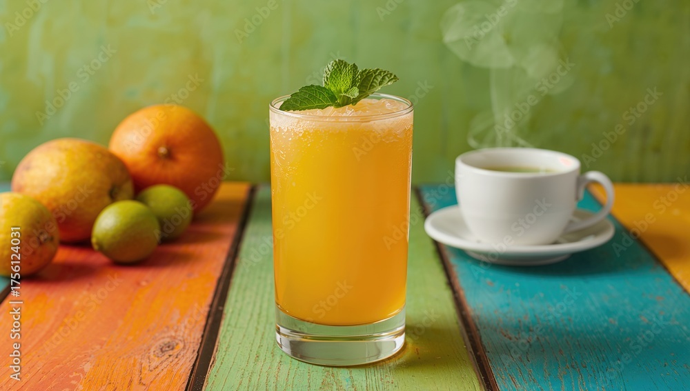 Fototapeta premium Vibrant Bael drink with fresh mint on a multicolored wooden surface