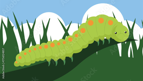 Green caterpillar on green grass. Vector illustration in flat style.