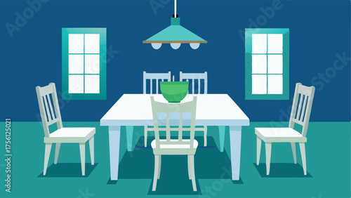 A dining room with a white farmhouse table surrounded by mismatched wooden chairs painted in shades of blue and green.