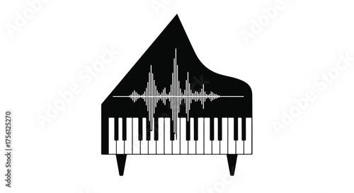 Musical sound wave graphic overlaying a grand piano silhouette, representing audio creation and music production.