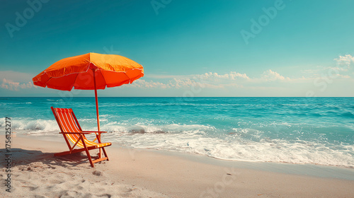 Beach chair and umbrella on the tropical beach with blue sky background