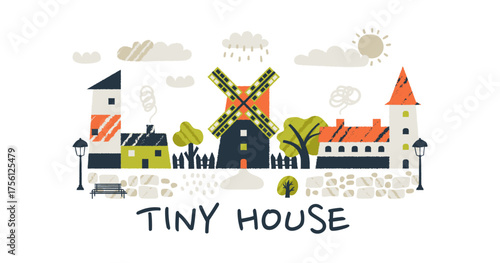 Cute tiny houses and small homes with doodle trees clouds and windmill in a village.