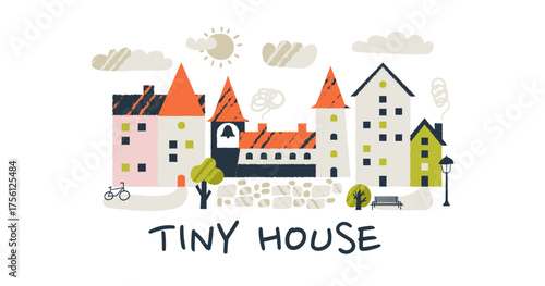 Cute tiny village street with doodle houses trees and clouds around small home building.