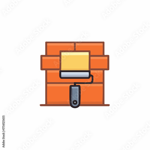 Painting a Brick Wall with a Paint Roller Illustration for Renovation and Construction Projects