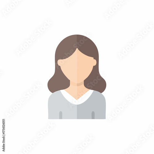 Person avatar with gray shirt and brown hair, faceless woman icon, stylized flat character portrait, upper body view, vector graphic