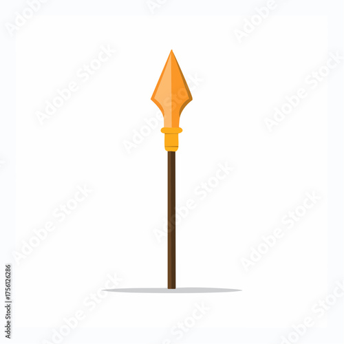 Isolated spear with gold head. Ancient weapon illustration, vector design. Minimalist flat illustration.