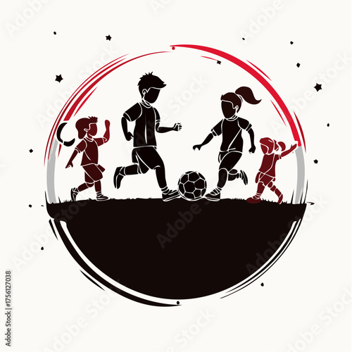 Children playing soccer silhouette kids kicking ball active childhood outdoor sports isolated vector graphic