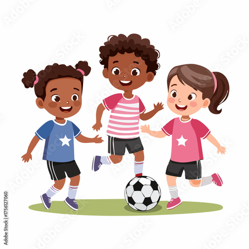 Children playing soccer silhouette kids kicking ball active childhood outdoor sports isolated vector graphic