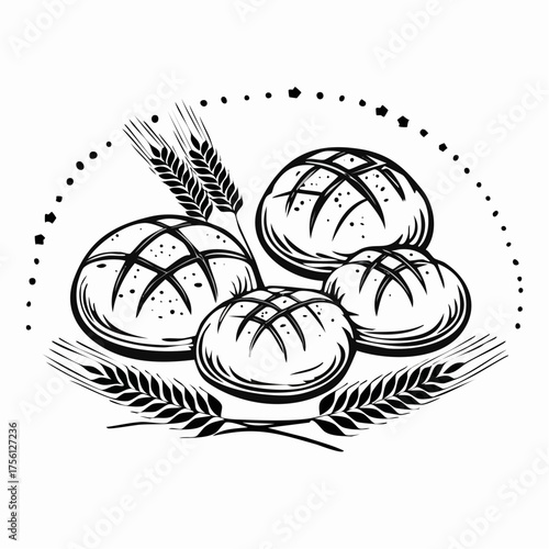 Freshly baked artisan bread loaves and round rolls with wheat stalks isolated vector