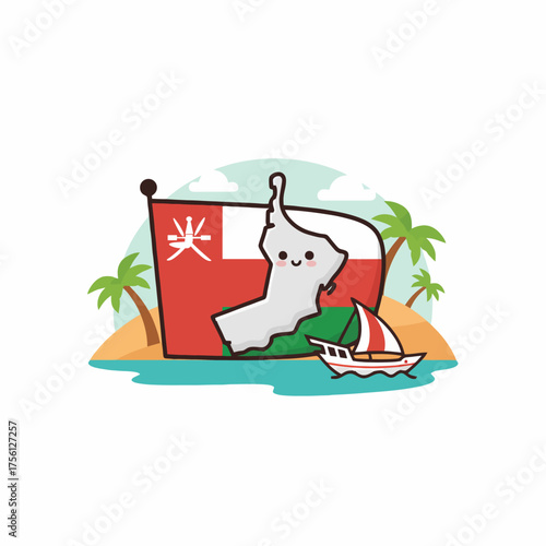 A cute, minimalist flat design illustration of Oman, featuring the country's map character, its national flag, palm trees, and a traditional dhow boat on a turquoise sea