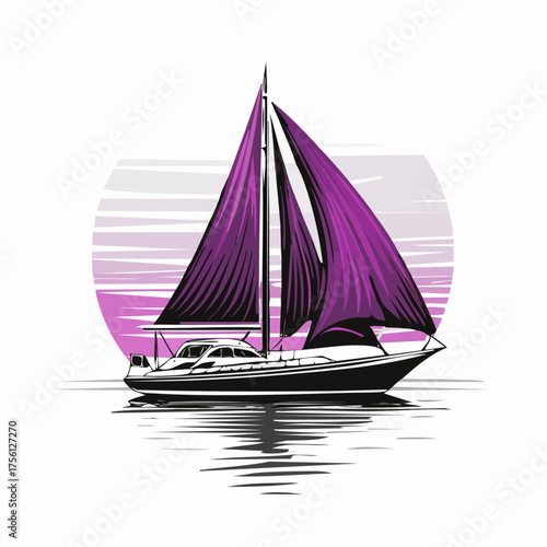 Vibrant purple sailboat cruises ocean sunset scenic coastal voyage vector