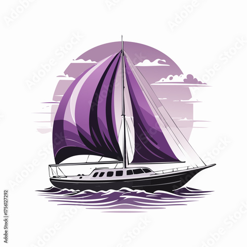 Vibrant purple sailboat cruises ocean sunset scenic coastal voyage vector