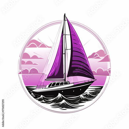 Vibrant purple sailboat cruises ocean sunset scenic coastal voyage vector