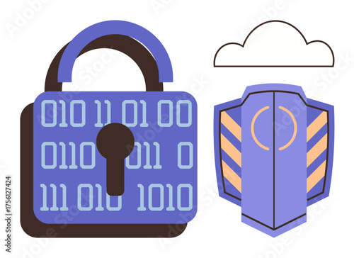 Padlock with binary code, shield, and cloud. Ideal for cybersecurity, encryption, cloud protection, network safety, data privacy online security digital trust. Simple flat metaphor