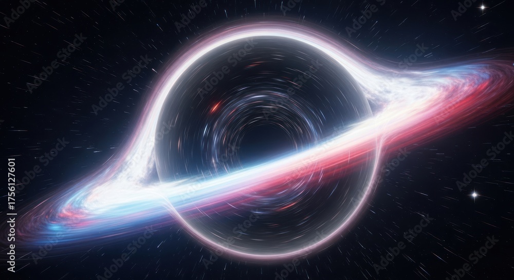 Fototapeta premium A black hole in space with a blue and red ring around it.