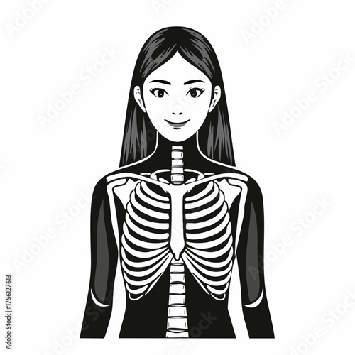 Human rib cage anatomy black and white medical illustration for design vector