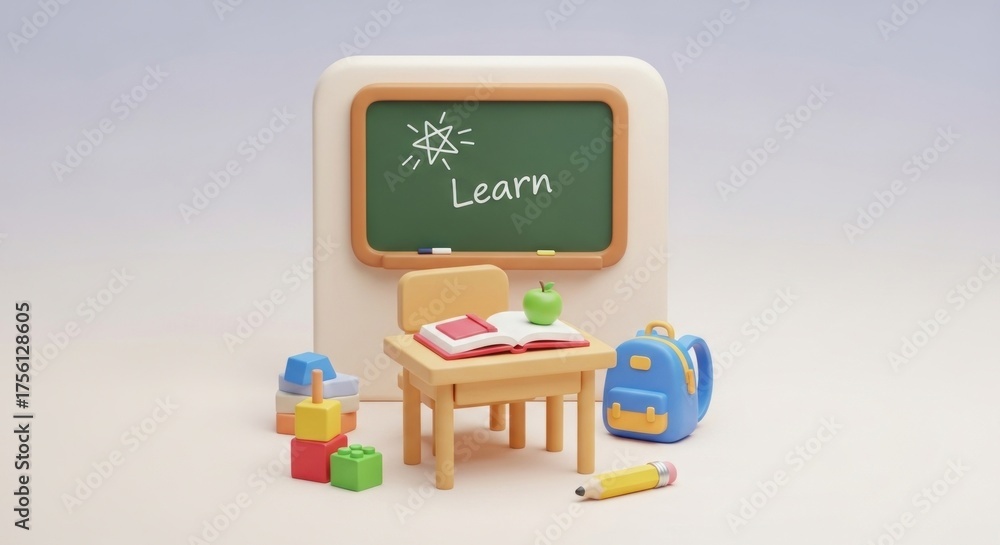 Fototapeta premium A classroom setting with a chalkboard, desk, chair, and various educational items.