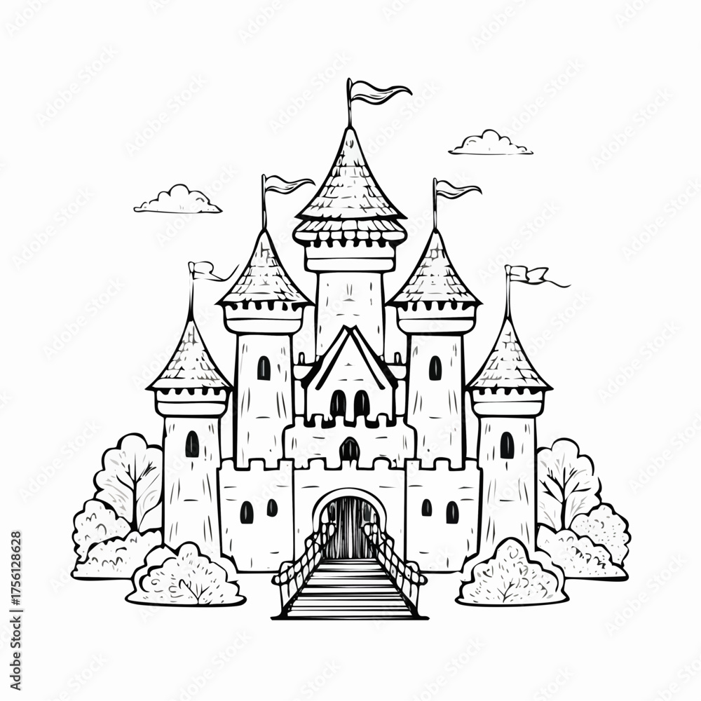 Obraz premium Fantasy castle outline drawing iconic medieval fortress fairytale illustration vector