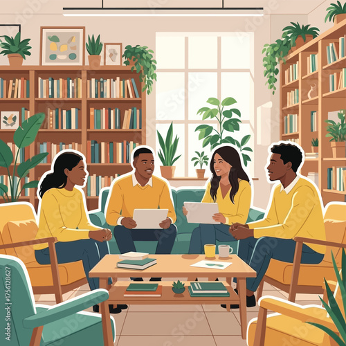 Diverse group of young adults studying together in a cozy library setting