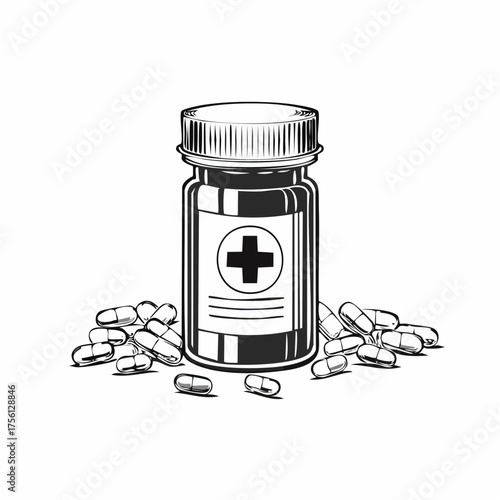 Orange prescription bottle labeled antibiotics with pills and capsules scattered nearby medical healthcare vector