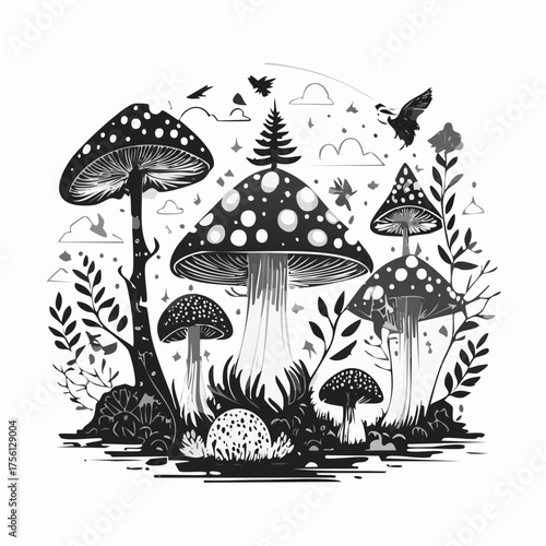 Enchanting fantasy forest with magical mushrooms and woodland creatures digital art vector