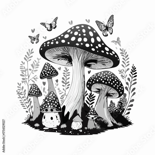 Enchanting fantasy forest with magical mushrooms and woodland creatures digital art vector