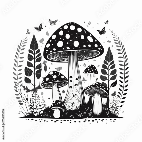 Enchanting fantasy forest with magical mushrooms and woodland creatures digital art vector