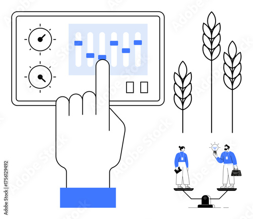 Hand adjusting control panel, wheat stalks, and business figures on scale with ideas, symbolizing agriculture, sustainability, innovation, decision making, resource management, balance