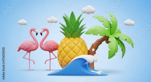Two pink flamingos with a pineapple and a palm tree on a blue background.