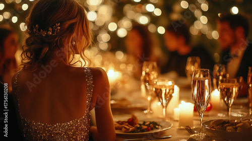 elegant gala dinner for New Year with people in formal wear, candlelit atmosphere