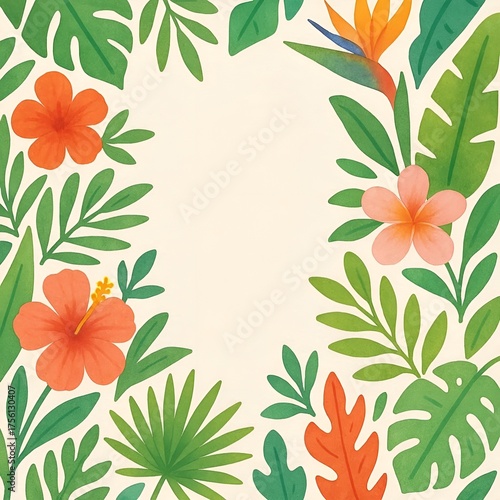 Flat Style Watercolor Fresh Exotic Jungle Background Copy Space Menu Border Made of Tropical Leaves Flowers. Summer Vibes Greeting Cards Posters Banners Placards Cafe Coffee Shop Hawaii Bar Restaurant