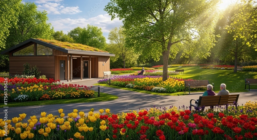 Obraz premium A peaceful afternoon in a vibrant garden where an elderly couple enjoys the beauty of blooming flowers and nature's tranquility on a sunny day.