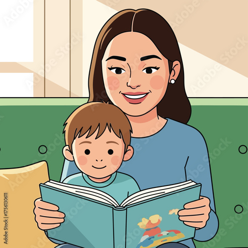 Mother and son reading a book together on a couch