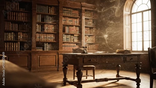 Classic library interior with sunlight filtering through arched window