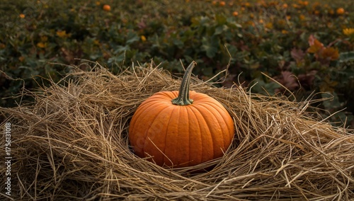 A country-style fall arrangement featuring natural pumpkins resting on straw.
