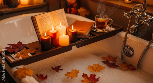 Tub with open book, candle, tea, and leaves on wooden tray, creating a warm and inviting ambiance, representative of relaxation and autumnal comfort